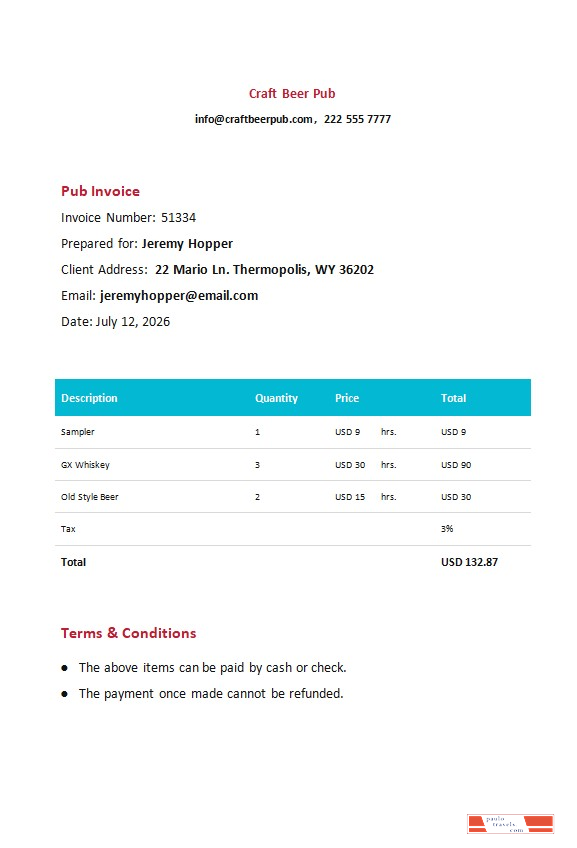 Free Pub Invoice Template PSD template